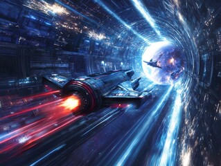 Futuristic Spacecraft Racing Through an Interstellar Wormhole with Vibrant Energy Trails and Celestial Bodies in the Background