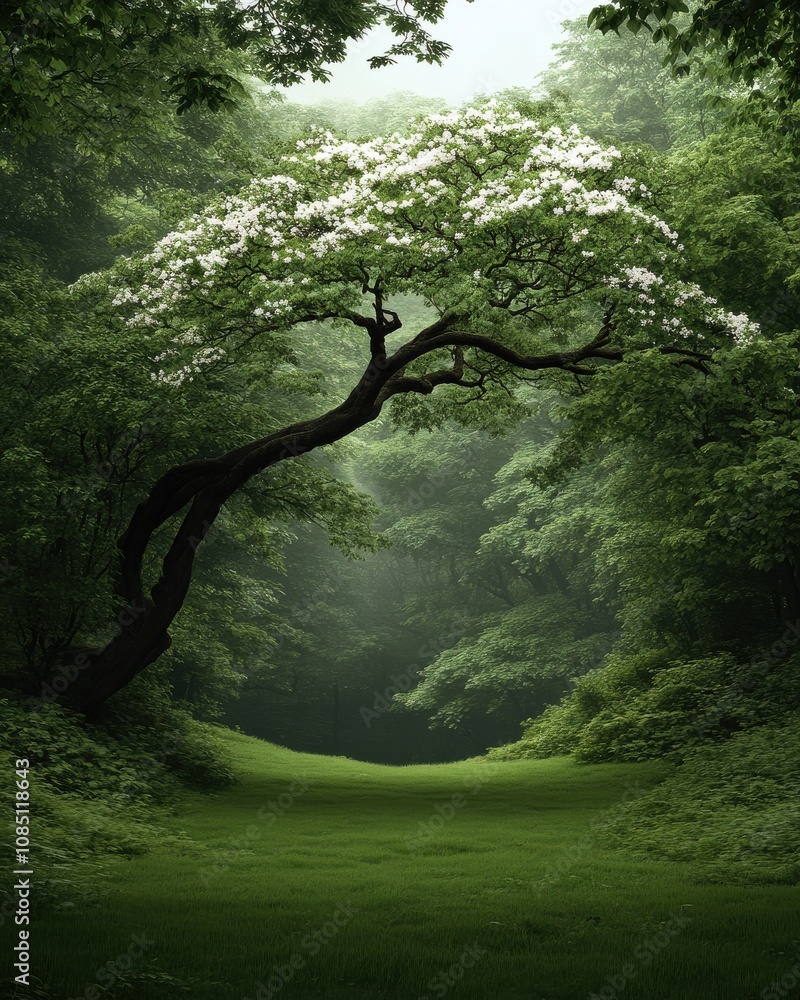 Poster a serene forest scene featuring a gracefully curved tree surrounded by lush greenery and soft light 