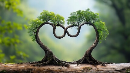 Two ancient tree spirits, deeply in love, stand tall and intertwined within a lush forest