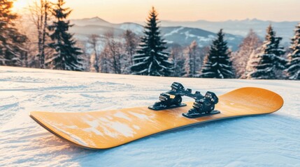 Vibrant Yellow Snowboard Resting on Snowy Mountain Slope at Sunset with Scenic Views of Trees and Mountains in Background