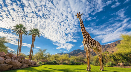 Obraz premium A single giraffe grazes peacefully in a grassy enclosure