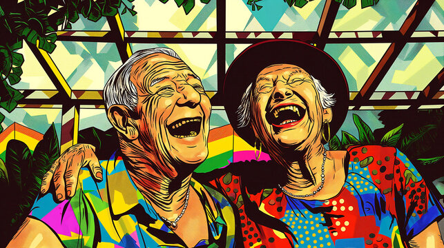 An elderly gay couple shares joyful laughter while dressed in summer clothes under a colorful pergola, surrounded by geometric patterns and hints of a pride flag in the garden