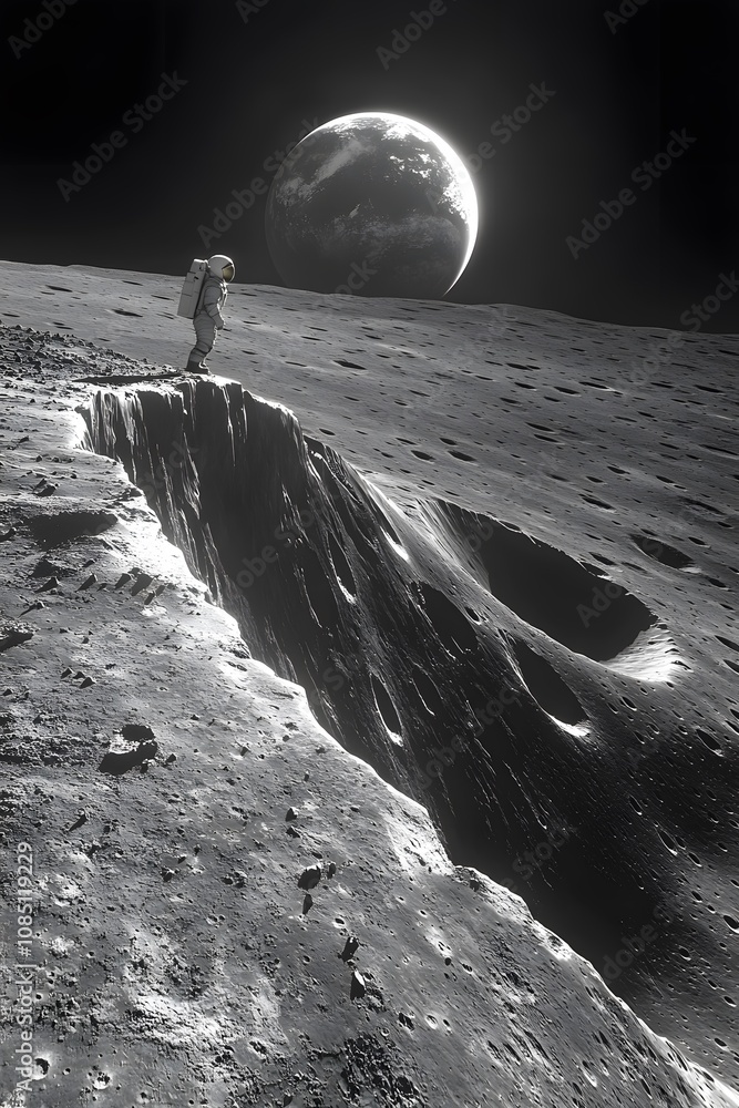 Aufkleber an astronaut exploring the moon's surface with earth visible in the background.