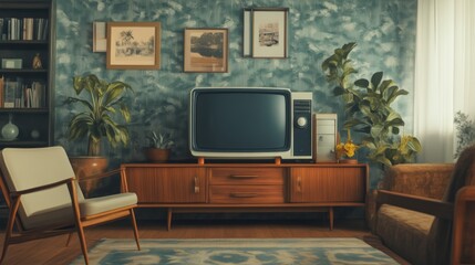 Retro Living Room Interior Design with Vintage Furniture and Classic TV
