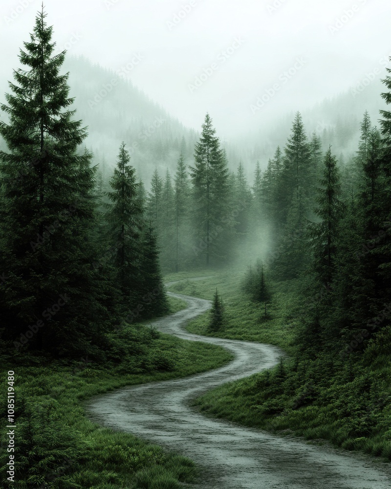 Poster A misty forest path winds through dense greenery, creating a serene and tranquil atmosphere that invites exploration.