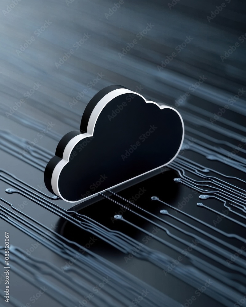 Poster a sleek black cloud icon stands on a circuit board background, symbolizing cloud computing and digit