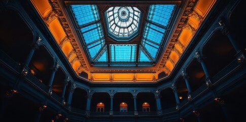 Obraz premium Skylight adorned with intricate ornamental glasswork, casting vibrant patterns across the sunlit room.