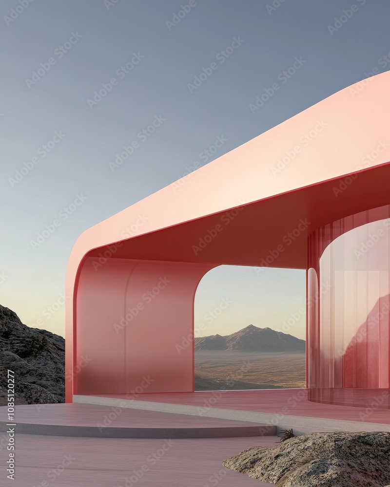 Poster a modern architectural structure with smooth pink curves, set against a scenic backdrop of mountains