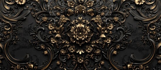 Black and gold decorative ornament with floral motifs, intricate filigree patterns 
