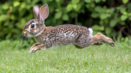 A baby rabbit hopping in a meadow, practicing its jumping skills and learning to avoid predators.