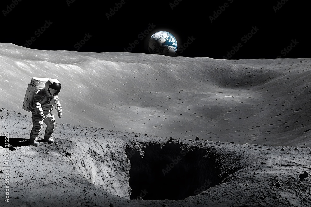 Poster an astronaut explores the moon's surface with earth visible in the background.