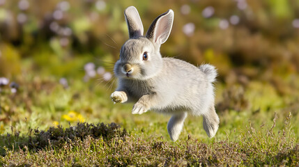 A baby rabbit hopping in a meadow, practicing its jumping skills and learning to avoid predators.