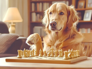 AI-Generated image of A dog is playing chess with a human. The dog is wearing a collar and is sitting on a wooden table. The chess pieces are arranged on the table, and the dog is looking at the board