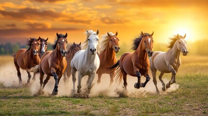 Obraz premium A majestic group of horses gallops across a sunlit field, creating a dynamic scene filled with movement and energy.