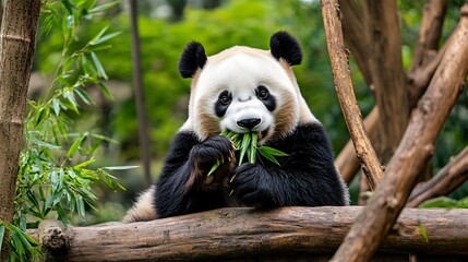 Obraz premium A playful panda munches on bamboo, surrounded by lush greenery, showcasing its adorable features and vibrant habitat in a natural setting.
