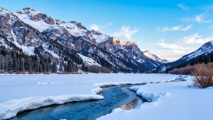 Icy river winding through snowy valley