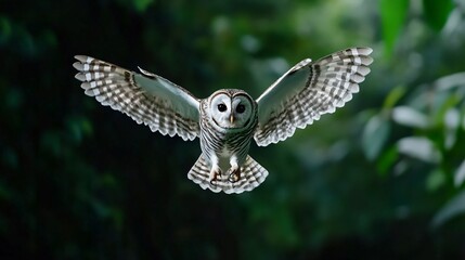 A majestic owl in mid-flight, showcasing its stunning wingspan against a lush, green backdrop, exuding grace and power in nature.
