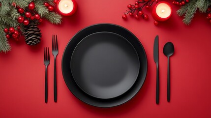 A festive holiday table setting featuring a black plate and cutlery on a vibrant red background with Christmas decorations.