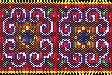 This image depicts a traditional textile pattern that is deeply rooted in cultural heritage, possibly inspired by the embroidery styles of the Hmong or other indigenous ethnic groups