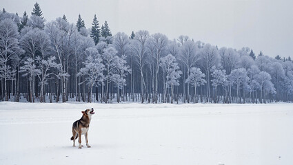 Lone wolf in snowy forest clearing