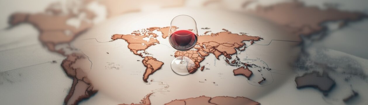Wine glass overflowing with red wine world map beverage photography artistic environment aerial view global indulgence