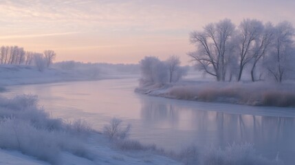 Serene Winter Landscape: Frozen River and Snow Covered Trees