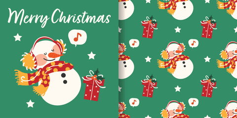 Christmas banner and seamless pattern of cute snowman wearing earmuff and scarf with music note in text box, gift boxes with holly berries and stars on green background.