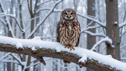 Owl perched on snowy tree branch