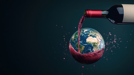 Wine pouring over earth globe conceptual art studio setting abstract view environmental awareness