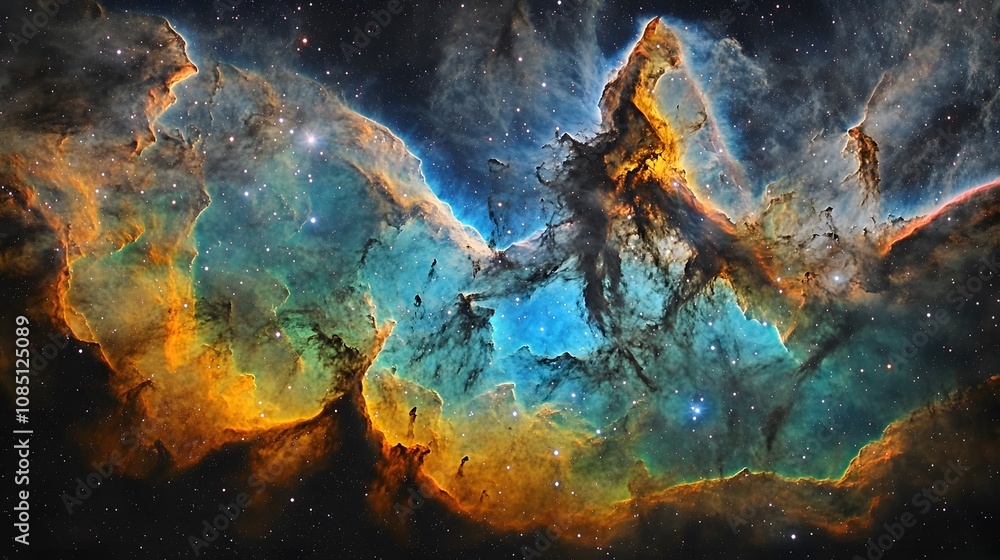Poster a vibrant nebula showcasing cosmic colors and structures in deep space.