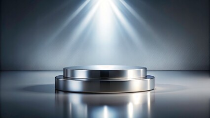 Silver Podium for Product Launch on Smooth Gray Background - Modern Advertising Display, Minimalist Design, Professional Presentation, Marketing Showcase, Elegant Display