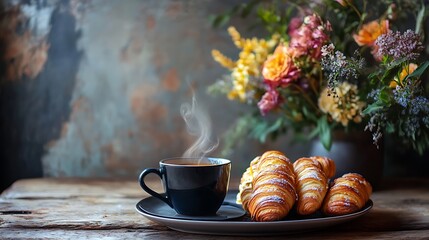 A warm, aromatic bakery with pastries and a steaming coffee cup arranged on a rustic table, accented by a bouquet of flowers in the background 