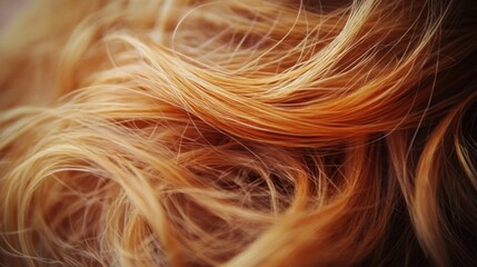 Naklejka premium a close-up view of wavy hair. The hair is a mix of blonde and light brown shades, with some strands appearing more golden or reddish in tone. The texture looks soft and slightly tousled