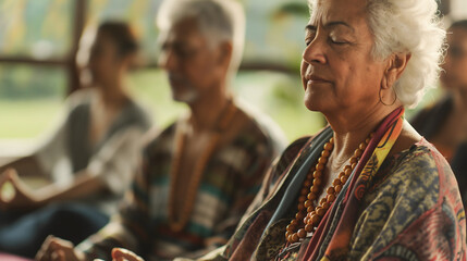 Obraz premium In the soft glow of morning light, a bisexual elder guides a meditation group, embodying serenity and wisdom while participants focus on inner peace and connection
