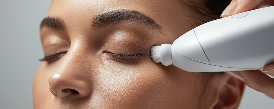 A woman enjoying a skincare treatment at home with a facial device, promoting relaxation and self-care.