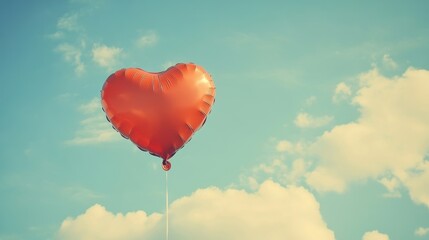 Fototapeta premium a red heart-shaped balloon floating in the sky. The background is a clear blue sky with a few fluffy white clouds scattered around. The balloon is tethered by a thin string, and it stands out against 