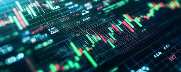 Fototapeta premium Close-up view of a digital stock market graph showcasing fluctuating prices and trends on a trading screen.