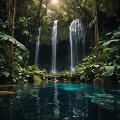 A dense jungle with a hidden waterfall cascading into a shimmering pool.