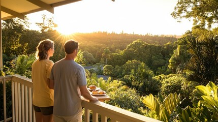 Couple enjoys breakfast together on a balcony at sunrise, surrounded by lush green scenery, perfect for a peaceful morning.