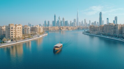 dubai Travel Landscape. A stunning cityscape of Dubai featuring modern skyscrapers, the Burj Khalifa, and a serene waterfront with a traditional boat gliding through the water.