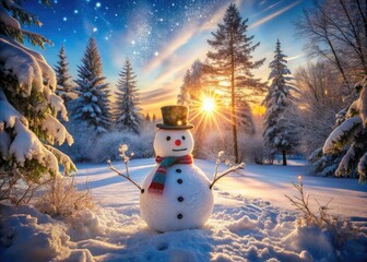 Obraz premium Snowman Double Exposure in a Sunlit Winter Wonderland - Snowy Landscape, Warm Sunlight, Winter Joy, Nature's Beauty, Holiday Spirit, Magical Scene
