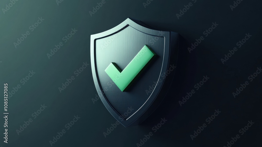 Poster security shield with green checkmark representing privacy in 3d minimal style