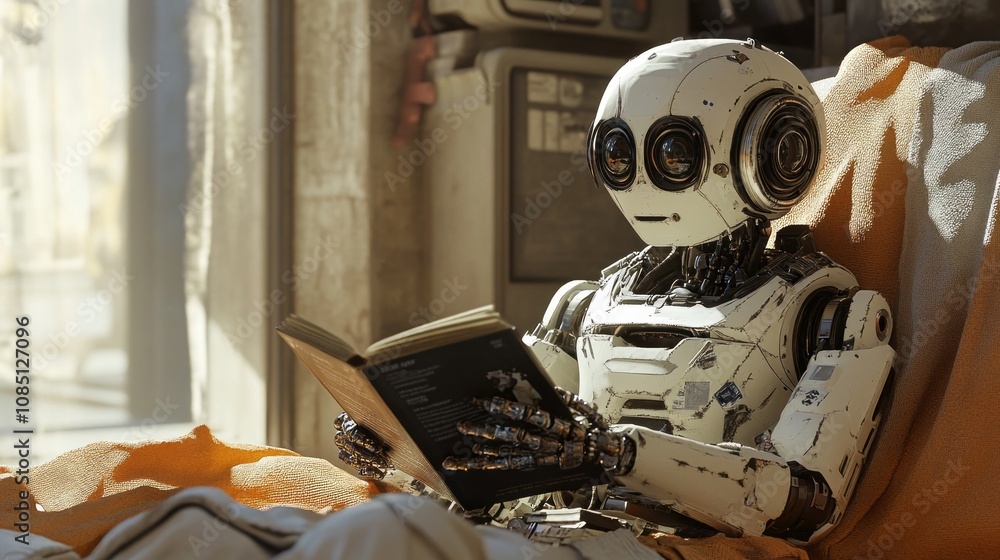 Poster a robot is reading a book while laying on a bed