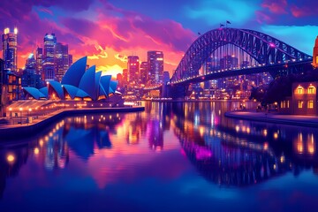 Obraz premium Sydney Skyline at Sunset Featuring Opera House and Harbour Bridge