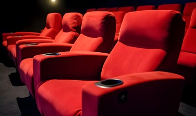 Empty red theater seats in a dark cinema, Generative AI 