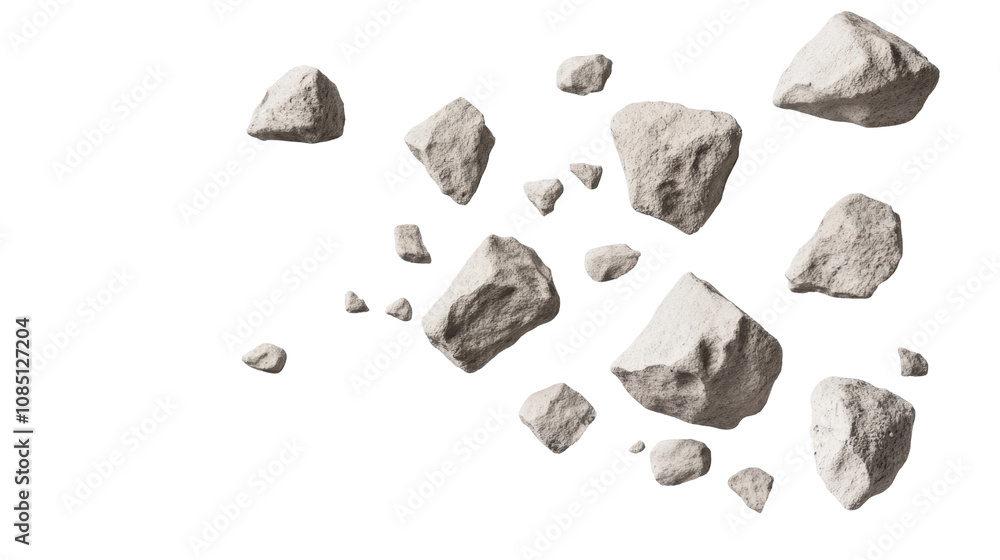 Poster floating rocks in a white background reveal texture and shapes in a minimalist artistic display, hig