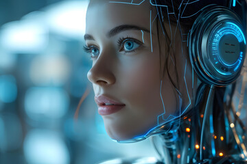 A woman with blue eyes and a blue face is wearing a pair of headphones