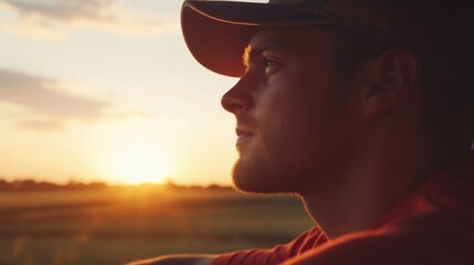 Young Man Contemplating a Beautiful Sunset with Warm Colors in the Background, Evoking Feelings of Peace and Reflection in Nature's Embrace