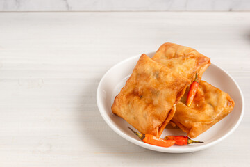 Martabak Tahu or Tofu Spring Rolls. Is traditional snacks in Indonesia.perfect for recipe, article, catalogue, or any commercial purposes. with copy space.