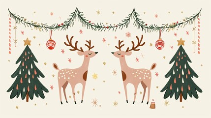 Cozy winter wonderland scene with deer fir trees and traditional Christmas ornaments and Festive magical and enchanting holiday background
